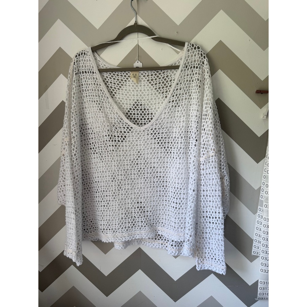 We The Free Free People Open Knit Sweater Oversized Crochet V-Neck White Size S - Picture 2 of 8